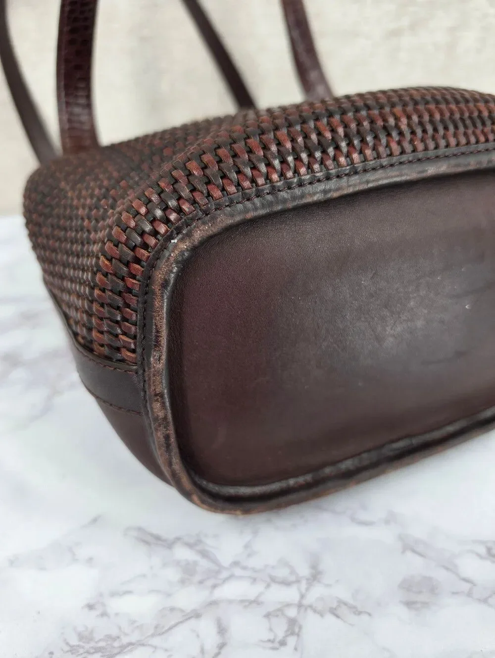 Brighton Vintage Leather Basket Weave Brown Croc-Accent Woven Tote Shoulder Bag